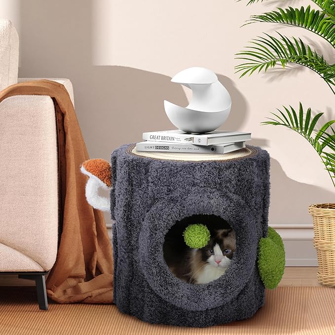 NUNU Cat Tree Tower with Scratch Table & Soft Cushion, Cat Condo Tree Cave for Small Kittens, Cat House with Hanging Ball Toy for Indoor (Grey)