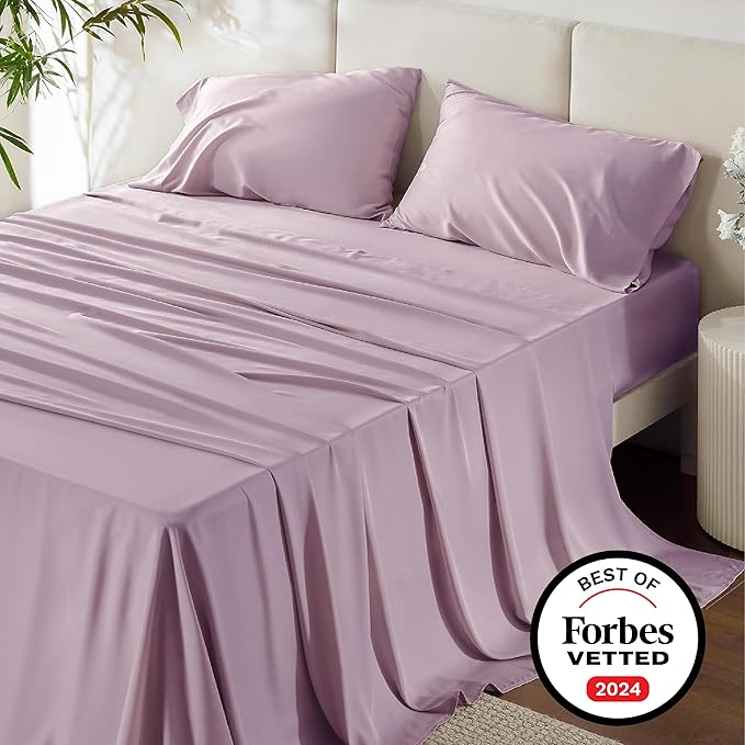 Bedsure Queen Sheet Set, Rayon Derived from Bamboo, Cooling Sheets, Breathable & Soft, Deep Pocket Up to 16 Inches, Hotel Luxury Silky Bedding for Hot Sleepers, Lavender