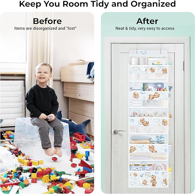 Clastyle Animals Over The Door Organizer Star Nursery Hanging Storage Organizer for Kids Clothes Diaper Toy Closet Door Hanging Shelf Storage for Bedroom Bathroom Pantry, Bear, 5-Tier