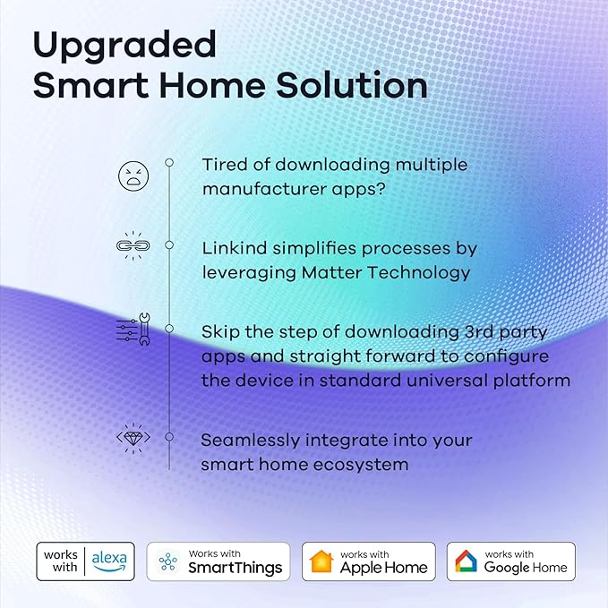 Linkind Matter Smart Light Bulb, WiFi Smart Bulbs, Work with Apple Home, Siri, Alexa, Google, SmartThings, RGBTW Color Changing Bulbs Mood Lighting, Music Sync, A19 E26 60W, 2.4Ghz WiFi 6 Pack