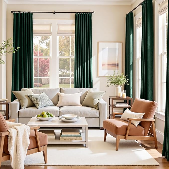 Lazzzy Velvet Blackout Curtains Thermal Insulated Room Window Drapes Super Soft Luxury Curtains for Living Room Bedroom Rod Pocket 2 Panels, Emerald Green, 42" W x 96" L