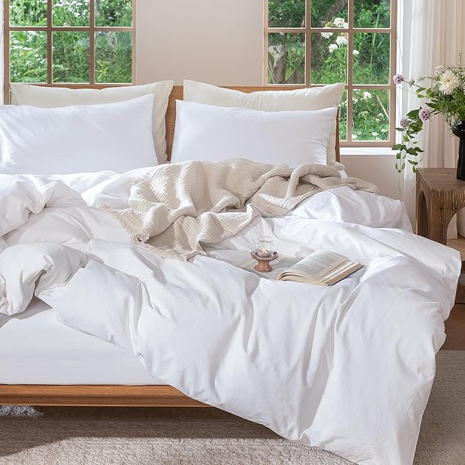 MooMee Bedding Duvet Cover Set 100% Washed Cotton Linen Like Textured Breathable Durable Soft Comfy (Solid Bright White, Alaska King 132"x120")