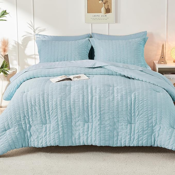 HYMOKEGE Lake Blue Twin Comforter Set Seersucker 5 Pieces, All Season Luxury Bed in a Bag for Bedroom, Bedding Set with Comforters, Sheets, Pillowcase & Shams