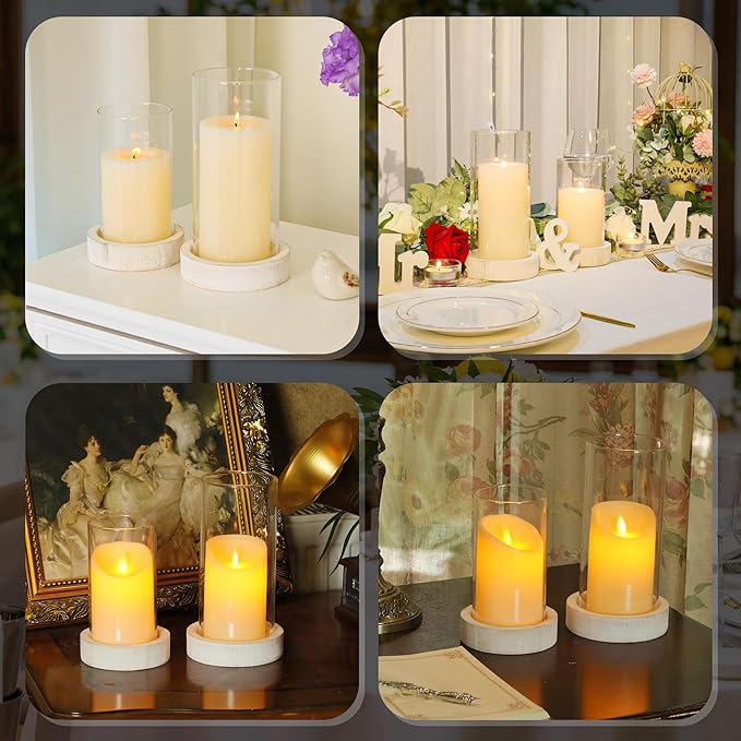 Set of 2 Hurricane Candle Holders with Wood Base & Glass Cylinder (4.2x5.9” & 4.6x7.8”) – Rustic Wooden Candle Holders for Home Decor, Weddings, Table Centerpieces