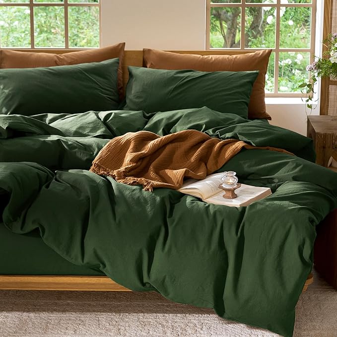 MooMee Bedding Duvet Cover Set 100% Washed Cotton Linen Like Textured Breathable Durable Soft Comfy (Solid Forest Green, Oversized Queen 98"x98")
