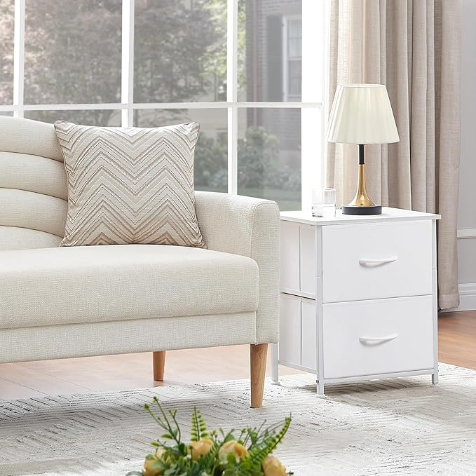Somdot Nightstand, Small Dresser for Bedroom with 2 Drawers, Bedside Table Night Stand End Table with Fabric Bins for Bedroom Kids Closet Dorm Guest Room, White Leather