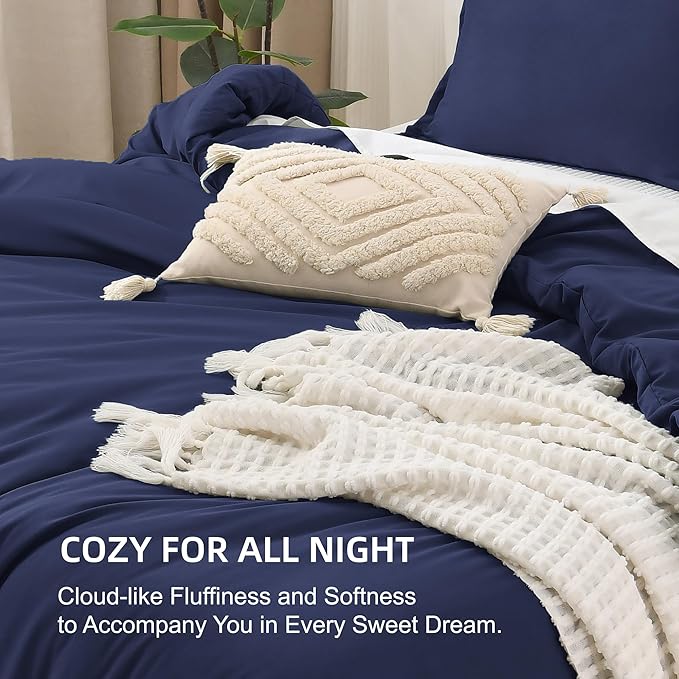 Litanika Navy Blue Comforter Set Queen Size, 3 Pieces Lightweight Solid Bedding Comforter Set, All Season Fluffy Down Alternative Bed Set (90x90In Comforter & 2 Pillowcases)