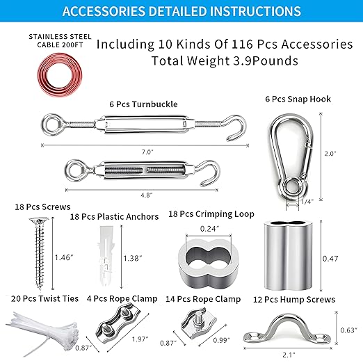 Globe String Light Suspension Kit, Outdoor Light Guide Wire, Vinyl Coated Stainless Steel Steel Cable,Include 200ft Transparent PVC and 304 Stainless Steel Wire Cable, Turnbuckle and Hooks