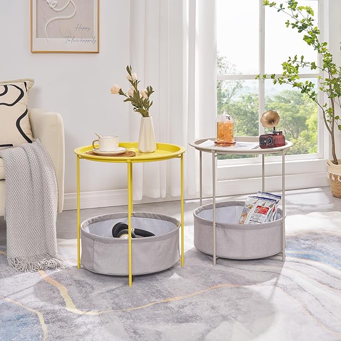 VECELO Round Side/End Table with Fabric Storage Basket,Metal Anti-Rust and Waterproof Small Bedside Nightstand with Removable Tray Top for Living Room,Balcony & Laundry,Grey /2pcs with Basket