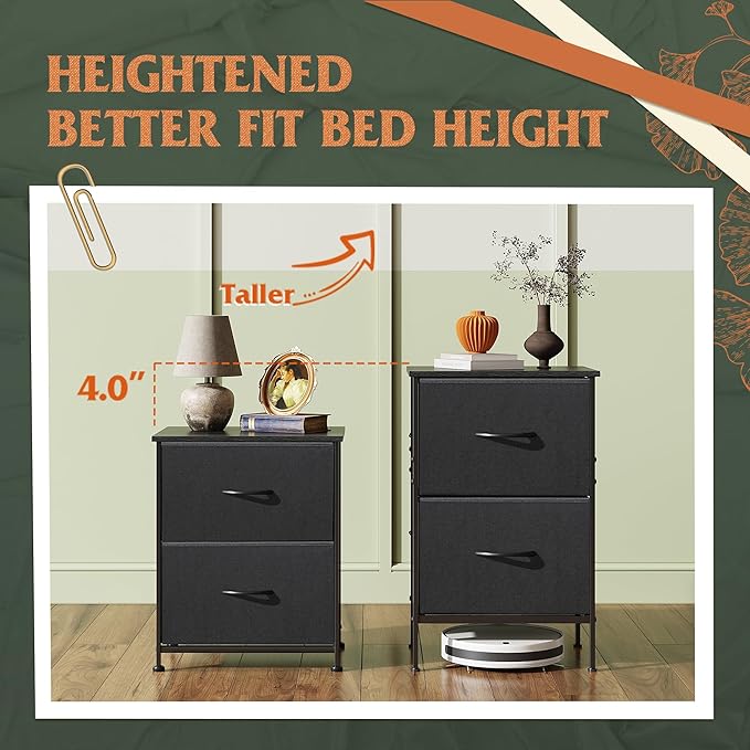 WLIVE Black Night Stand, Nightstand with 2 Drawers, Small Dresser for Bedroom, Bedside Table Furniture, College Dorm, End Table with Fabric Bins, Size L 24.9" H