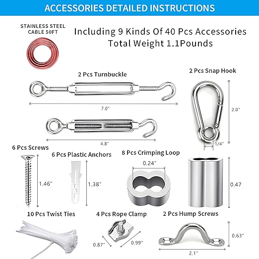 Globe String Light Suspension Kit, Outdoor Light Guide Wire, Vinyl Coated Stainless Steel Steel Cable,Include 50ft Transparent PVC and 304 Stainless Steel Wire Cable, Turnbuckle and Hooks