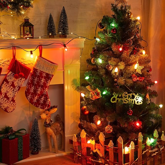 Minetom C9 String Lights Outdoor Christmas Lights 25 Feet Frosted Multi-Colored for Patio Room Christmas Tree Party Backyard Decoration White Wire