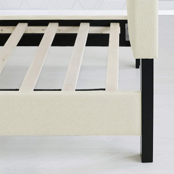 Furinno Laval Double Row Nail Head 12PC Slat Style Bed Frame, Twin, Linen