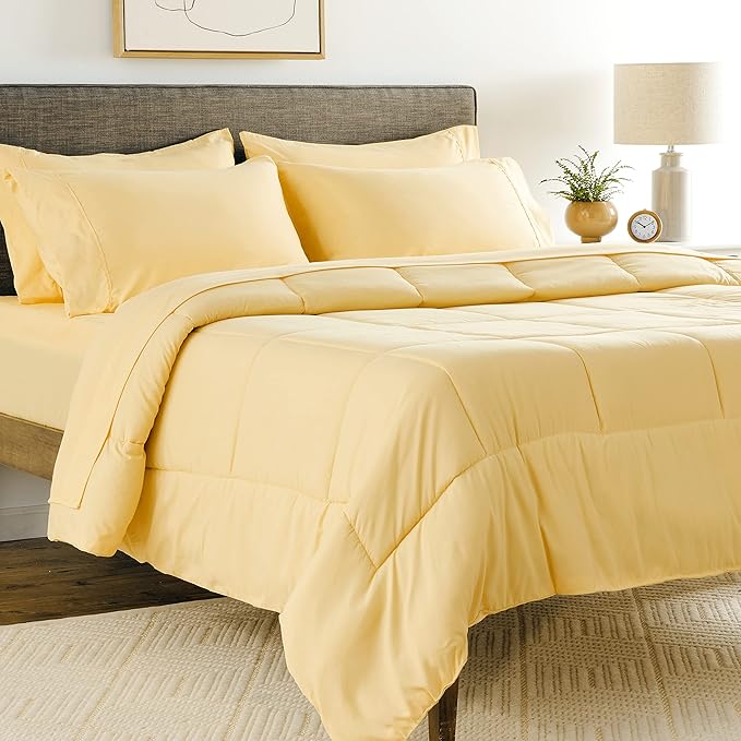 Sweet Home Collection 7 Piece Comforter Set Bag Solid Color All Season Soft Down Alternative Blanket & Luxurious Microfiber Bed Sheets, Yellow, Queen