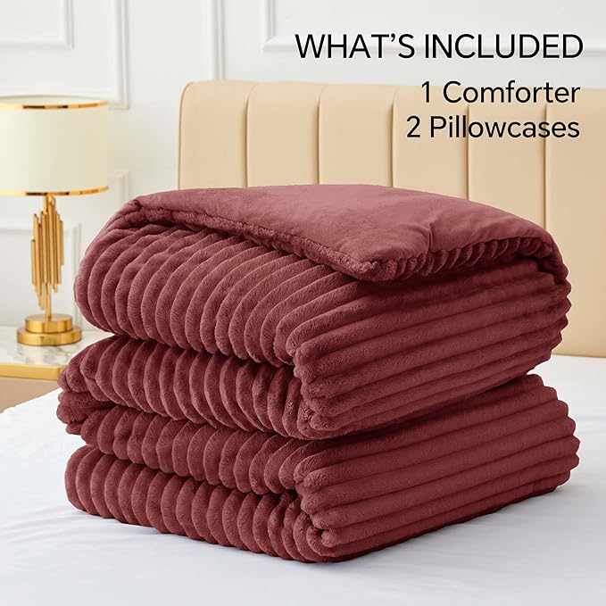 BEDELITE Fleece Full Comforter Set -Super Soft & Warm Fluffy Burgundy Bedding, Luxury Fuzzy Heavy Bed Set for Winter with 2 Pillow Cases