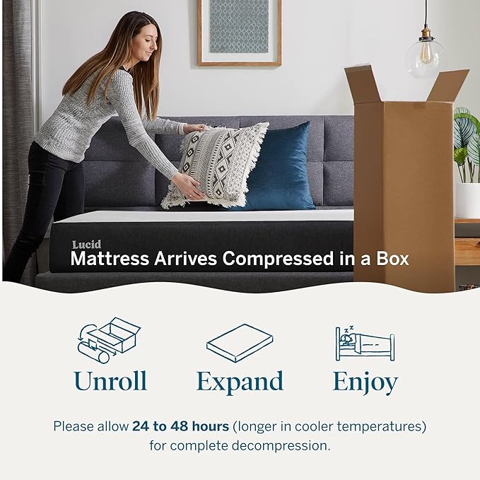 Lucid 8 Inch Memory Foam Mattress - Medium Firm Feel - Infused with Refreshing Bamboo Charcoal and Cooling Gel - Bed in a Box - Temperature Regulating - Pressure Relief - Breathable - Full Size