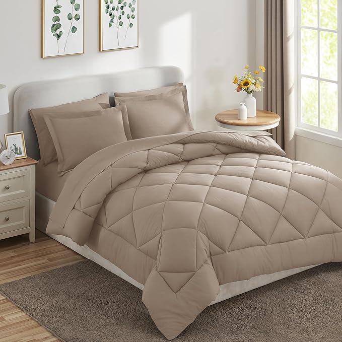 CozyLux Queen Comforter Set Khaki - Bed in a Bag Queen Size 7 Pieces, Luxury Soft Bed Set for All Seasons, Bedding Set with Down Alternative Comforter, Sheets, Pillowcases & Shams
