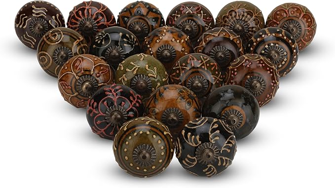 Dresser Knobs for Cabinets and Drawers Assorted, Dusty Ceramic Knob & Pull Handle for Kitchen Brown Cupboard Wardrobe Decorative Furniture Knobs - Pack of 12, (Dark Brown)