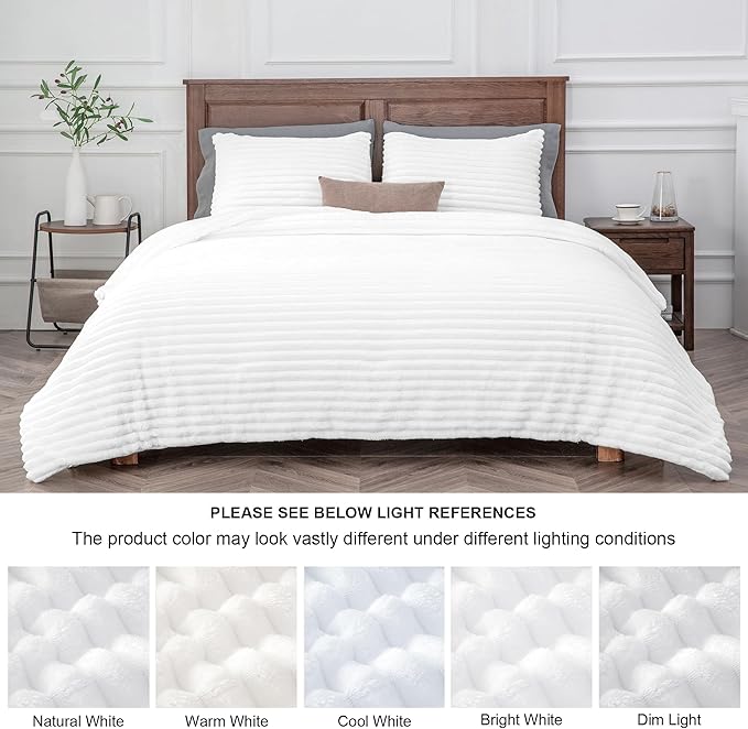 BEDELITE Fleece Queen Comforter Set -Super Soft & Warm Fluffy Bright White Bedding, Luxury Fuzzy Heavy Bed Set for Winter with 2 Pillow Cases