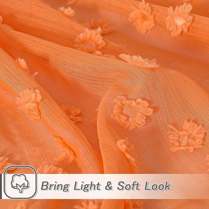 MYSKY HOME Pom Pom Orange Sheer Curtains for Bedroom Girls Room 120 Inch Curtains for Nursery Kids Light Filtering Boho Window Drapes, Rod Pocket, 52" Wide, 2 Panels