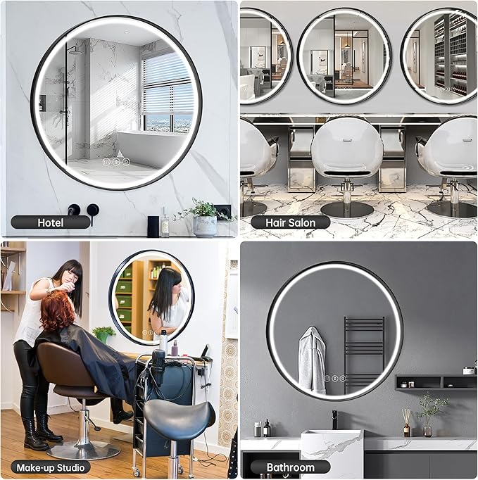 32 Inch Round Led Mirror, Bathroom Mirror with Lights, Black Metal Framed Frontlit Circle Mirrors for Wall with Anti-Fog, Memory Function, 3 Color Temperature, Dimmable Makeup Mirror