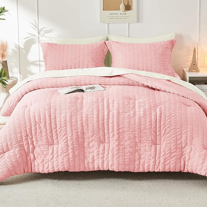 HYMOKEGE Pink/Ivory Twin Comforter Set Seersucker 5 Pieces, All Season Luxury Bed in a Bag for Bedroom, Bedding Set with Comforter, Sheets, Pillowcase & Sham
