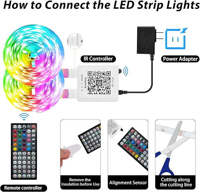 Led Lights for Bedroom 130ft (2 Rolls * 65ft) Music Sync Color Changing Led Strip Lights with 60 Key Remote and App Control RGB Led Light Strip for Home Party Room Decoration