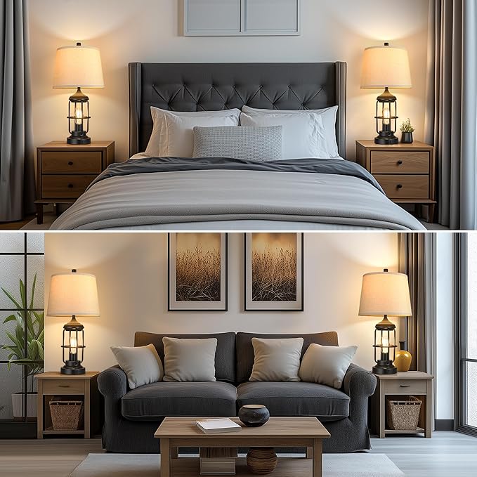 QiMH Table Lamp for Bedroom with USB A+C Ports, Farmhouse Bedside Lamp with Night Light, 3-Way Dimmable Touch Control, Rustic Industrial Nightstand Lamp for Living Room,Bulbs Included,Black, 1 Pack