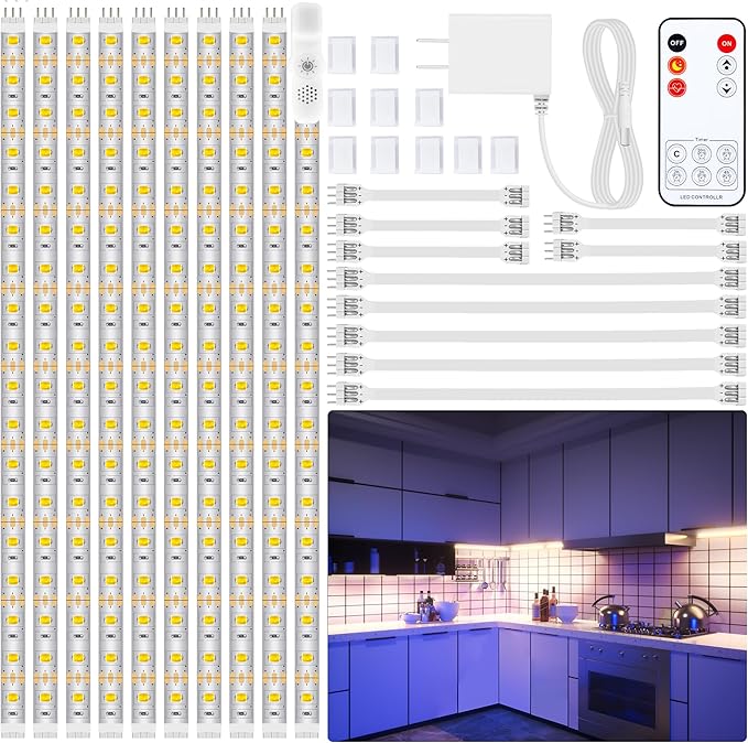 LAFULIT 10 PCS Under Cabinet Lights Kit, Stick on Lights, Flexible Led Strip Lights with Remote and Power Adapter, for Kitchen Cabinet Shelf Desk Counter Corner, 4000K Neutral White, 16.4ft