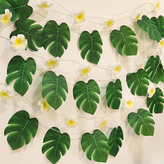 RECUTMS Monstera Leaf String Lights Artificial Foam Plumeria Tropical Palm Leaves Flower 40 LED Battery Operated Fairy Light Hawaiian Luau Beach Party Summer Decorations Outdoor Indoor(White+Green)