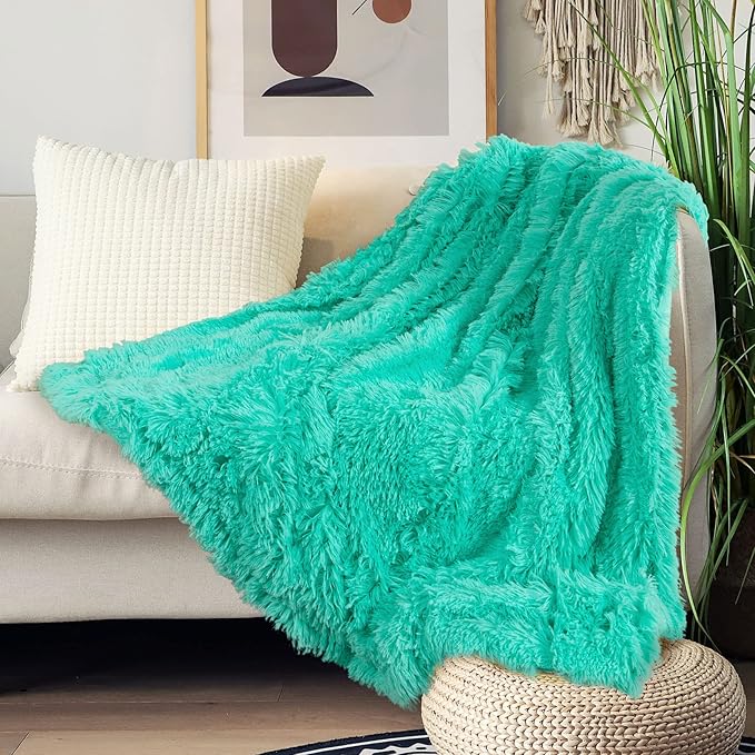 Tuddrom Decorative Extra Soft Faux Fur Throw Blanket 50"x60",Solid Reversible Fuzzy Lightweight Long Hair Shaggy Blanket,Fluffy Cozy Plush Fleece Comfy Microfiber Blanket for Couch Sofa Bed,Teal Blue