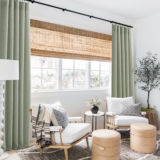 RYB HOME Linen Sheer Curtains and Drapes for Living Room and Bedroom 84 inches Length, Breathable Back Tab/Rod Pocket Semi Sheer Curtains, Sage Green, W 52 x L 84 inches, 2 Panels Set