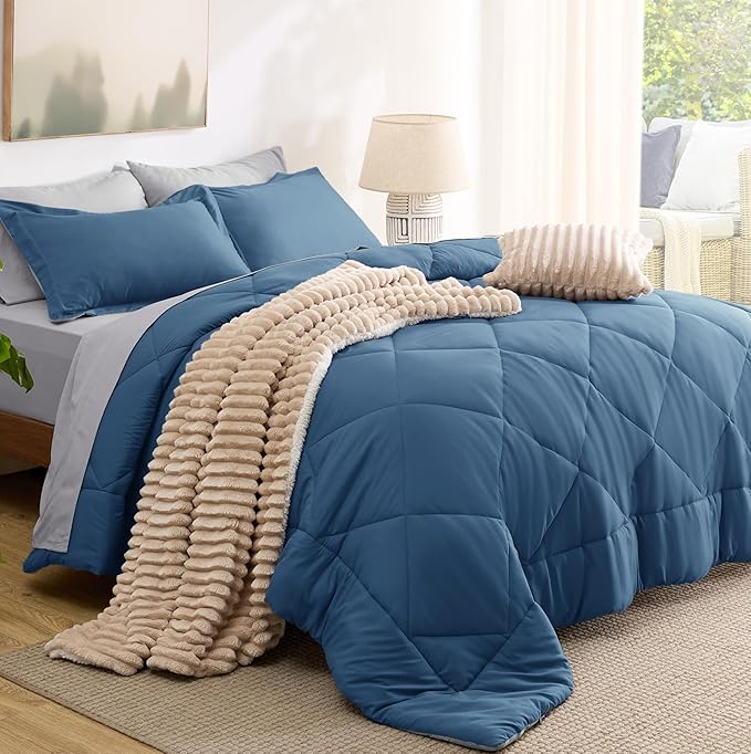 Bedsure Queen Comforter Set - 7 Pieces Reversible Slate Blue Bedding, Queen Size Bed Set for All Seasons, Bed in a Bag with Down Alternative Comforter, Sheets, Pillowcases & Shams