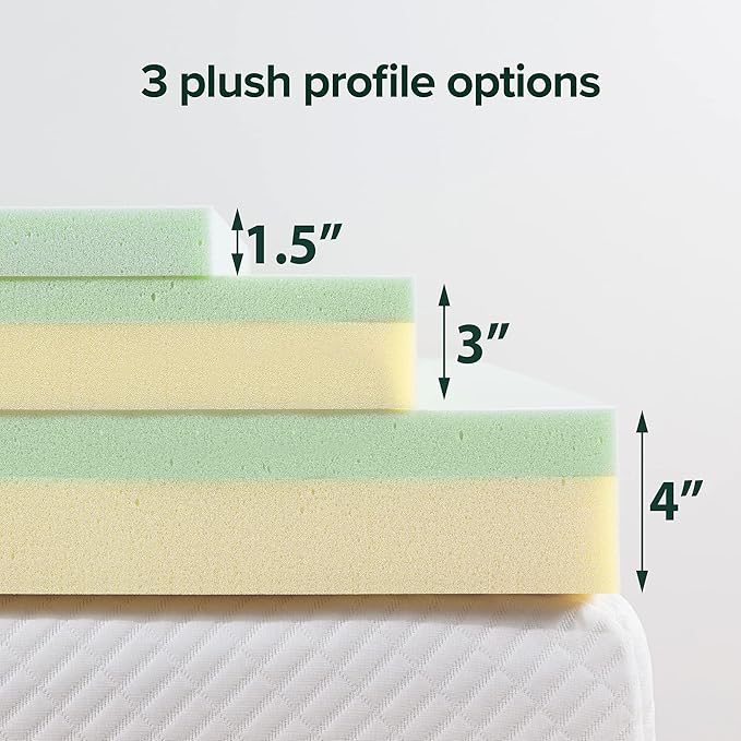 ZINUS 3 Inch Green Tea Memory Foam Mattress Topper, Pressure-Relieving Layers, CertiPUR-US Certified, Short Queen