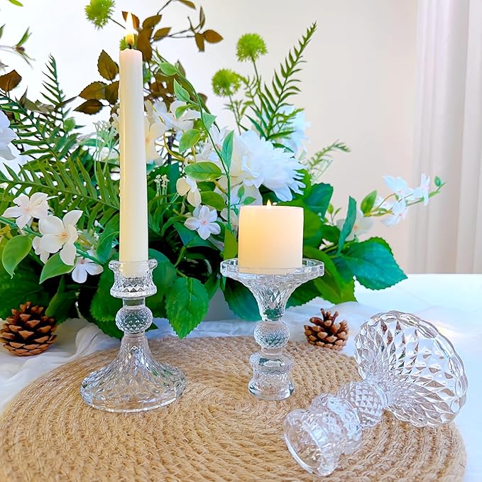 Glass Candlestick Holder,Striped Taper Candle Holders,Set of 6 Candle Stand for Table Centerpieces, Home Decor,Weddings,Festival and Parties (Clear Dimond Pattern)