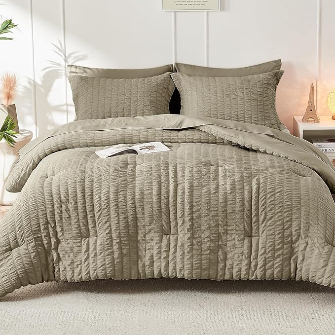 HYMOKEGE Linen California King Comforter Set Seersucker 7 Pieces, All Season Luxury Bed in a Bag for Bedroom, Bedding Set with Comforter, Sheets, Pillowcases & Shams