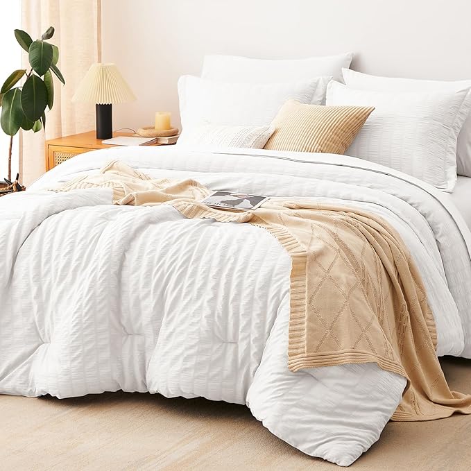 CozyLux Oversized Queen Comforter Set White Seersucker 7 Pieces 98x98 Bed in a Bag Comforter Set with Sheets, Luxury Soft Bedding Sets with Down Alternative Comforter, Sheets, Pillowcases & Shams