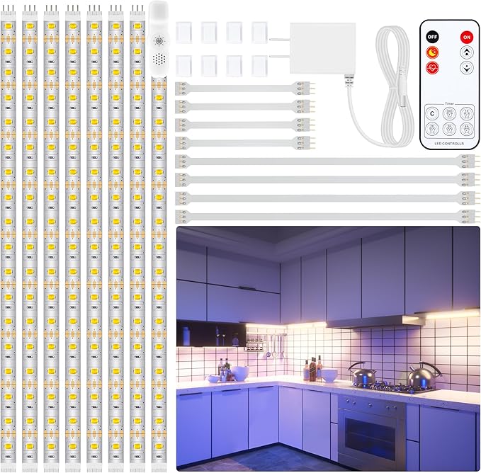 LAFULIT 8 PCS Under Cabinet Lighting Kit, Bright Under Cabinet Lights, Flexible Led Strip Lights with RF Remote and Power Adapter, for Kitchen Cabinet Shelf Desk Counter, 4000K Neutral White, 13ft