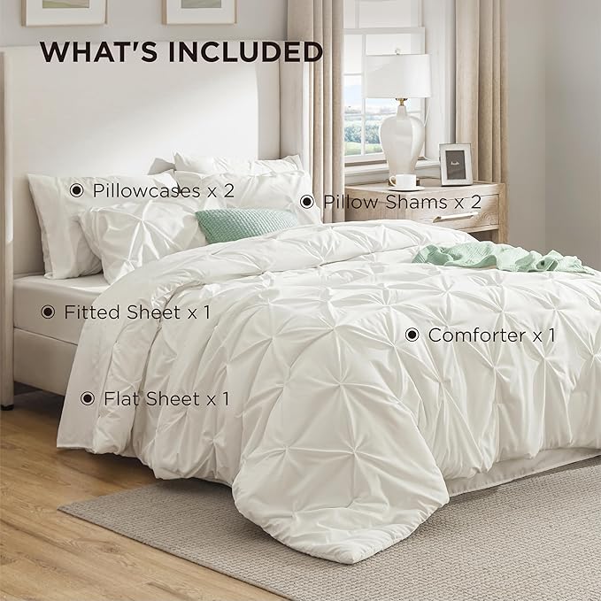 Bedsure California King Comforter Set - Cal King Bed Set 7 Pieces, Pinch Pleat Ivory Cali King Bedding Set with Pintuck Comforter, Sheets, Pillowcases & Shams