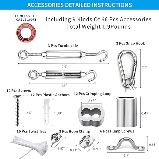 Globe String Light Suspension Kit, Outdoor Light Guide Wire, Vinyl Coated Stainless Steel Steel Cable,Include 100ft Transparent PVC and 304 Stainless Steel Wire Cable, Turnbuckle and Hooks
