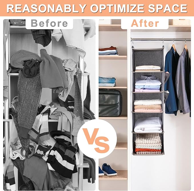 BOOMIBOO Hanging Closet Organize and Shelves,5-Hanging Shelf with 2 Side Pockets,Storage Foldable (Browm)