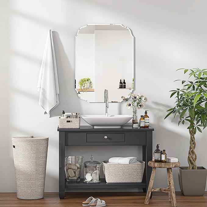Silver Wall Mirror-Beveled Edge Frameless Mirror for Bathroom, Vanity, Bedroom, Rectangle Mirrors (20X28inch)
