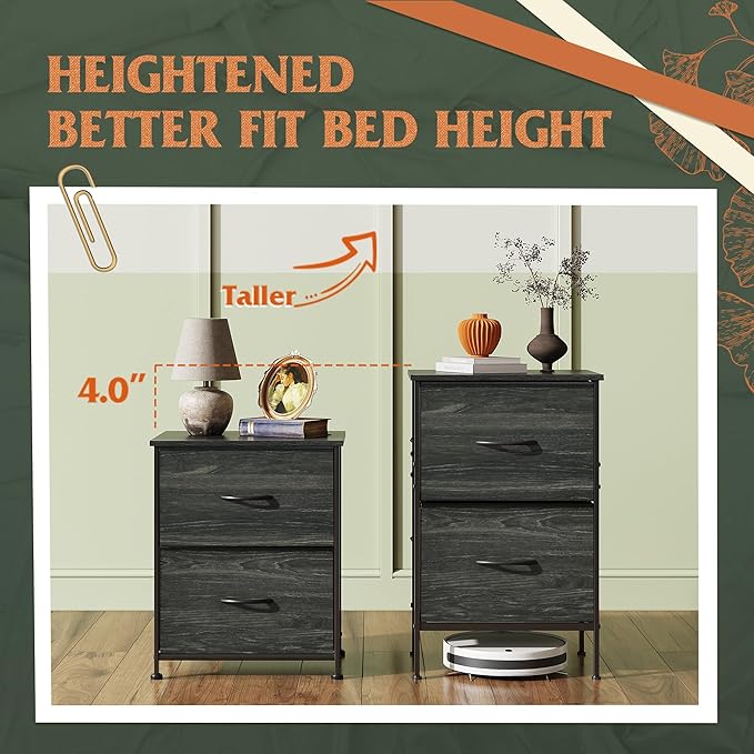 WLIVE Nightstand, Nightstand with 2 Drawers, Bedside Furniture, Night Stand, Small Dresser for Bedroom, College Dorm, End Table with Fabric Bins, Dormitory, Charcoal Black Wood Grain Print, Size L