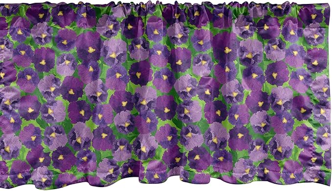 Ambesonne Botanical Window Valance, Green Field Full of Burgeoning Pansy Inflorescence Garden Flourish Bedding Plants, Curtain Valance for Kitchen Bedroom Decor with Rod Pocket, 42" x 12", Purple