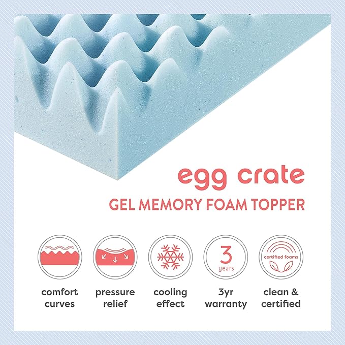Best Price Mattress 4 Inch Egg Crate Memory Foam Mattress Topper with Cooling Gel Infusion, CertiPUR-US Certified, Dorm Essentials, TwinXL, Light Blue