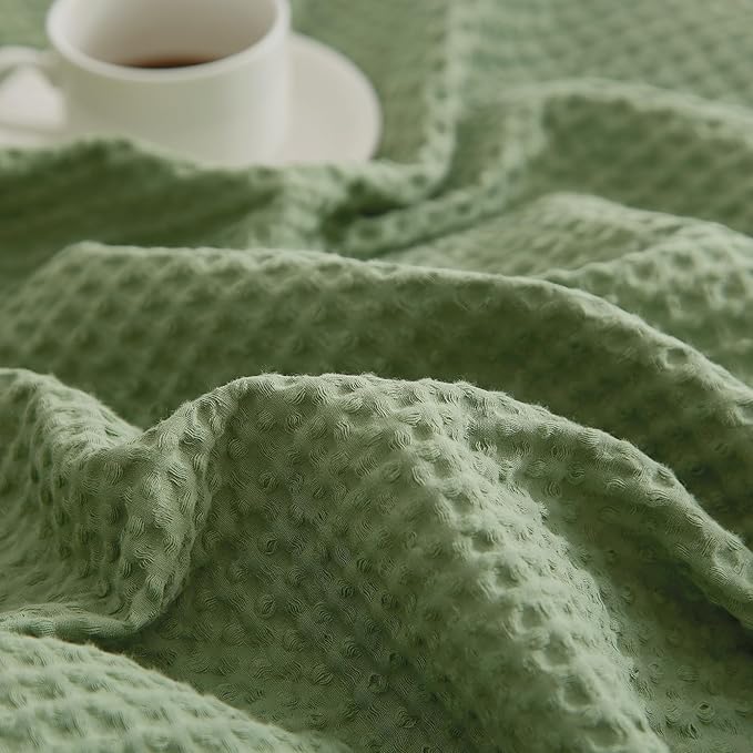 PHF 100% Cotton Waffle Weave Throw Blanket,Pre-Washed Snag Proof Lightweight Breathable Moisture-Wicking for Layering in Cold Weather for Couch Bed,Machine Washable,Home Decor Gift-Loden Green