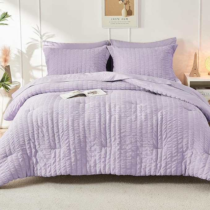 HYMOKEGE Lavender Twin Comforter Set Seersucker 5 Pieces, All Season Luxury Bed in a Bag for Bedroom, Bedding Set with Comforters, Sheets, Pillowcase & Shams
