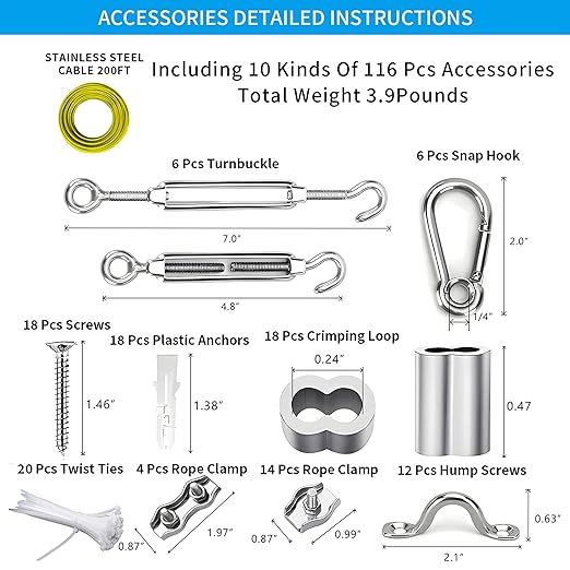 Globe String Light Suspension Kit, Outdoor Light Guide Wire, Vinyl Coated Stainless Steel Steel Cable,Include 200ft Transparent PVC and 304 Stainless Steel Wire Cable, Turnbuckle and Hooks