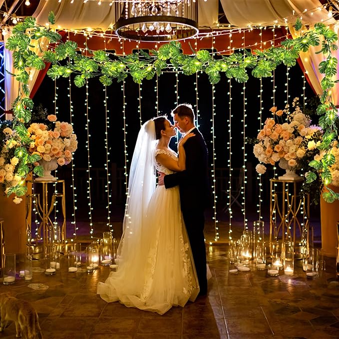 RECUTMS Artificial Monstera Leaf Vines Whit Light 2Pcs, 5.9FT Fake Hanging Ivy Plant Faux Tropical Palm Leaves Greenery Vine Garland Indoor Outdoor Garden Porch Patio Jungle Luau Birthday Party Décor