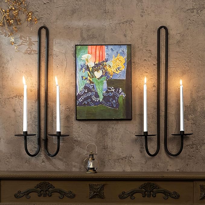 Wall Sconce Candle Holder Metal Hanging Wall Decorations for Home,Living Room, Bathroom, Dining Room, Set of 2(Black